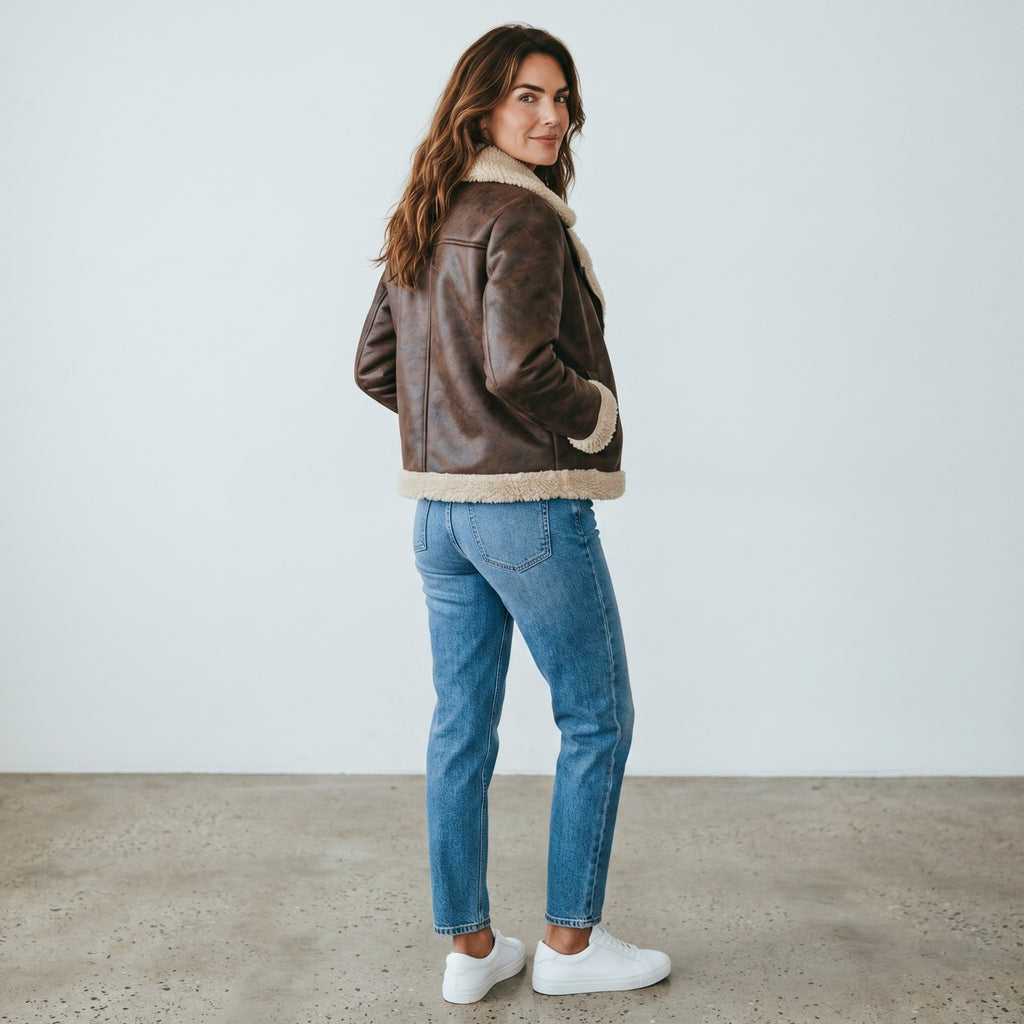 Veloce Apparel Women's Brown Faux Shearling Aviator Jacket