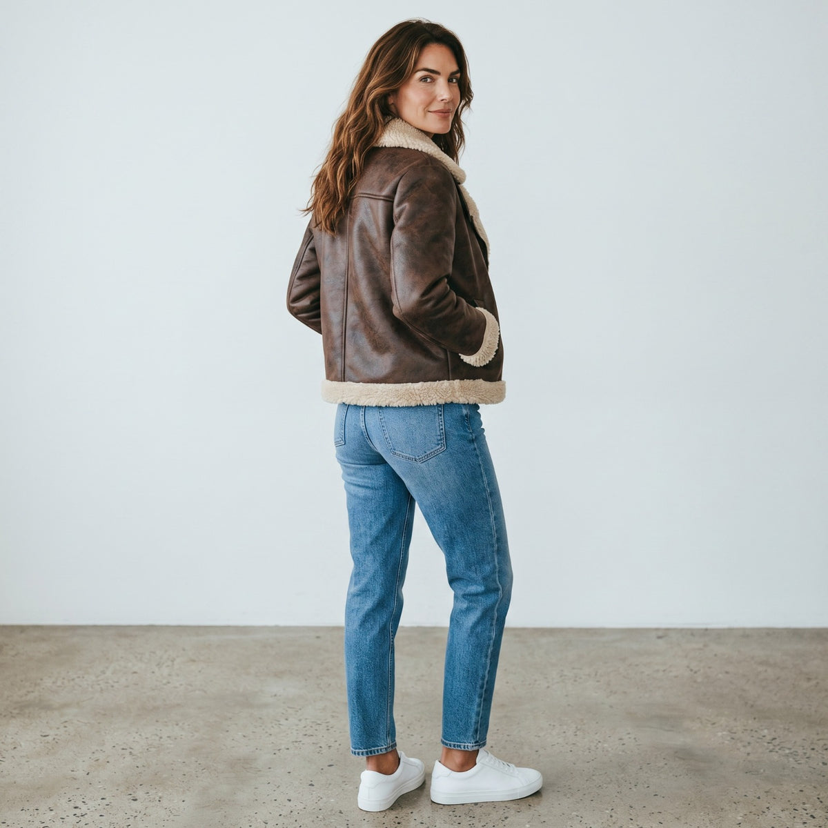 Veloce Apparel Women's Brown Faux Shearling Aviator Jacket