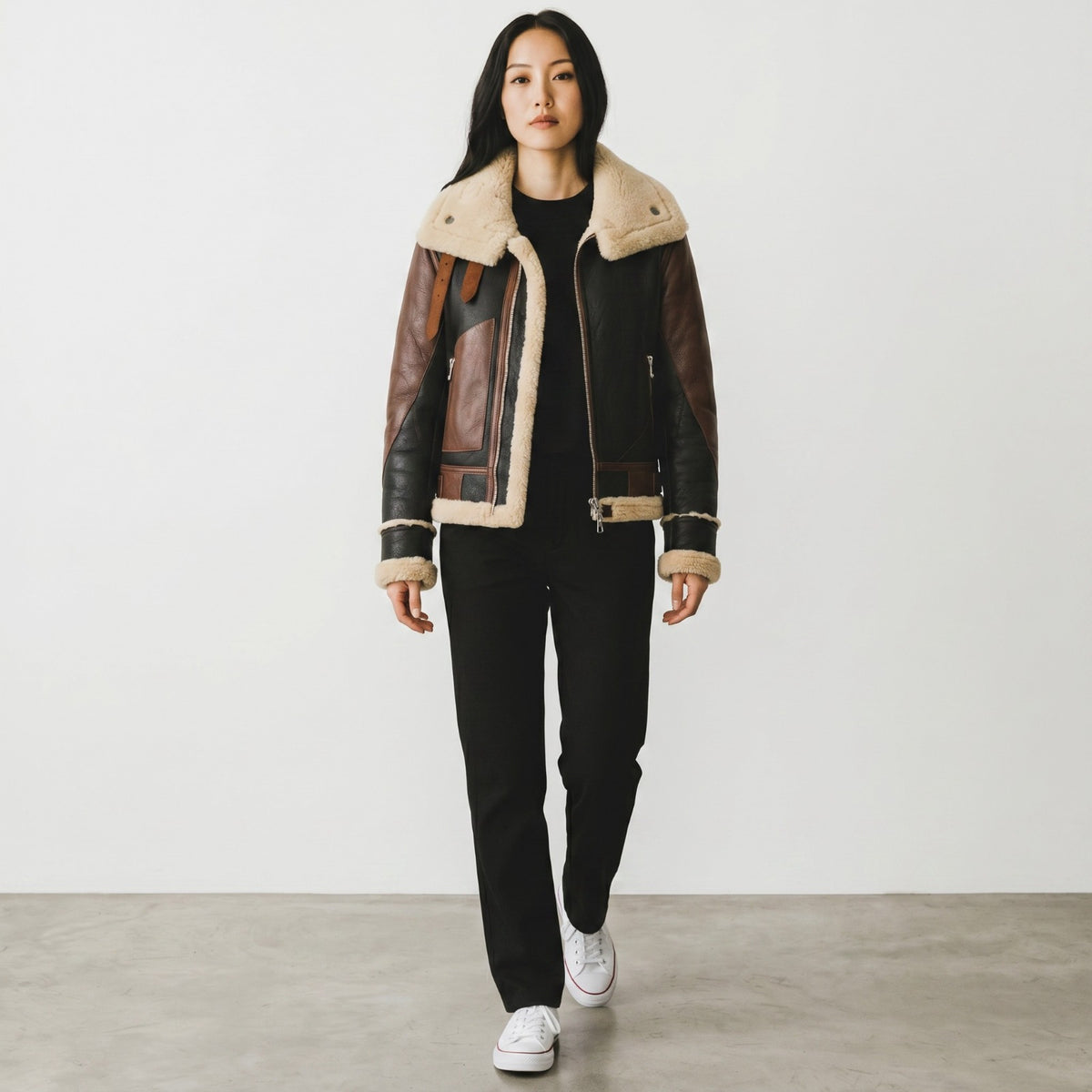 Veloce Apparel Women's Brown and Black Faux Leather Shearling Jacket