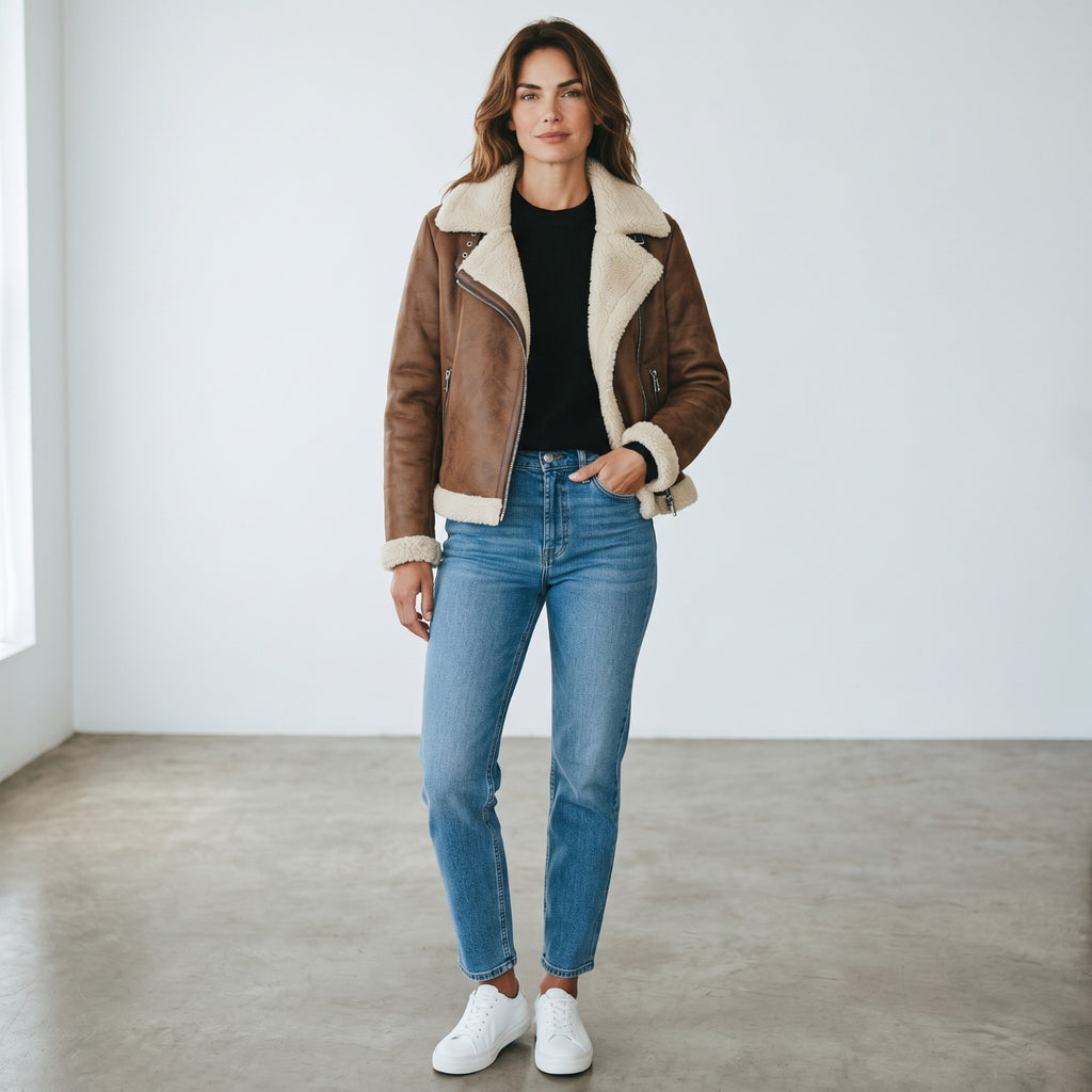 Veloce Apparel Women's Brown Faux Shearling Aviator Jacket