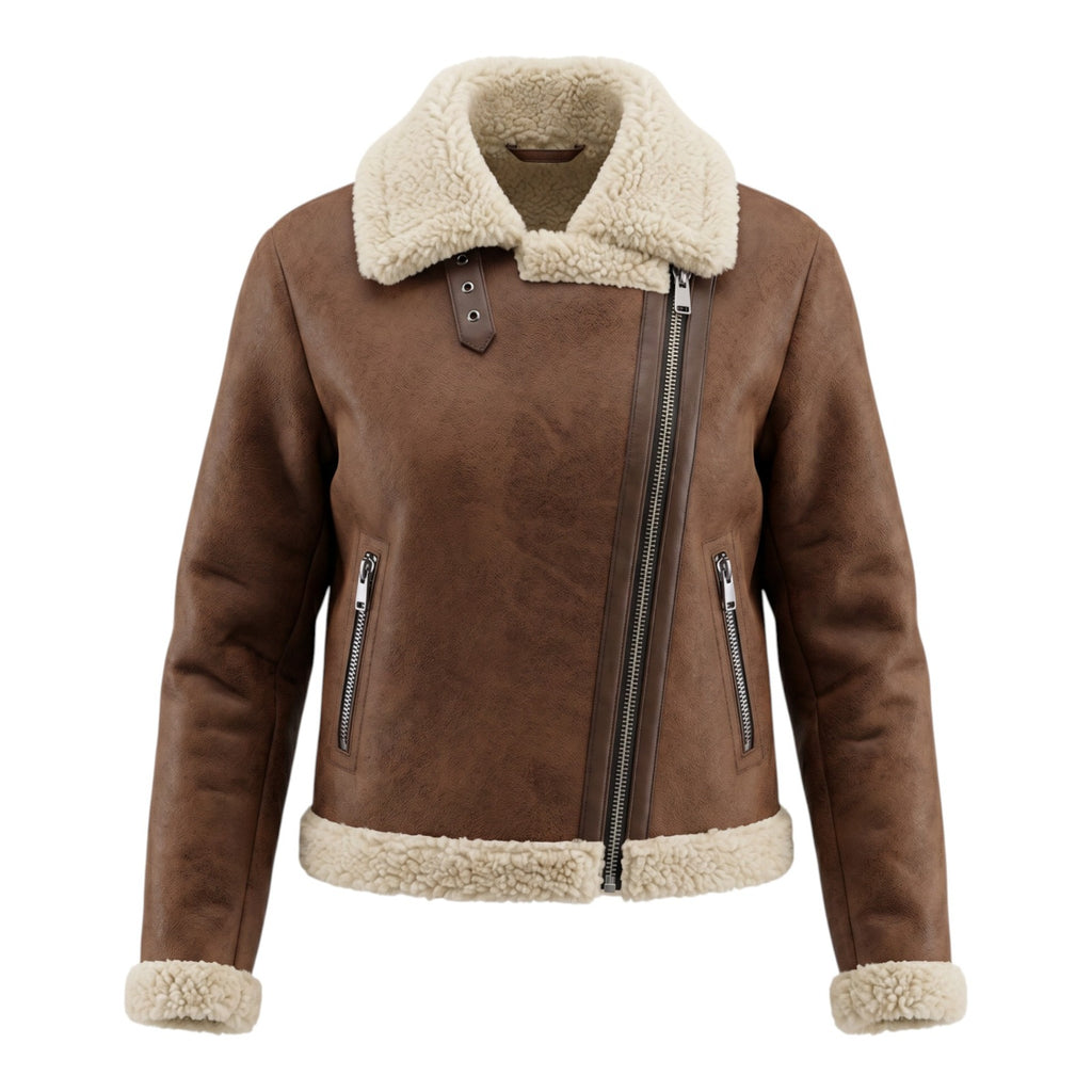 Veloce Apparel Women's Brown Faux Shearling Aviator Jacket