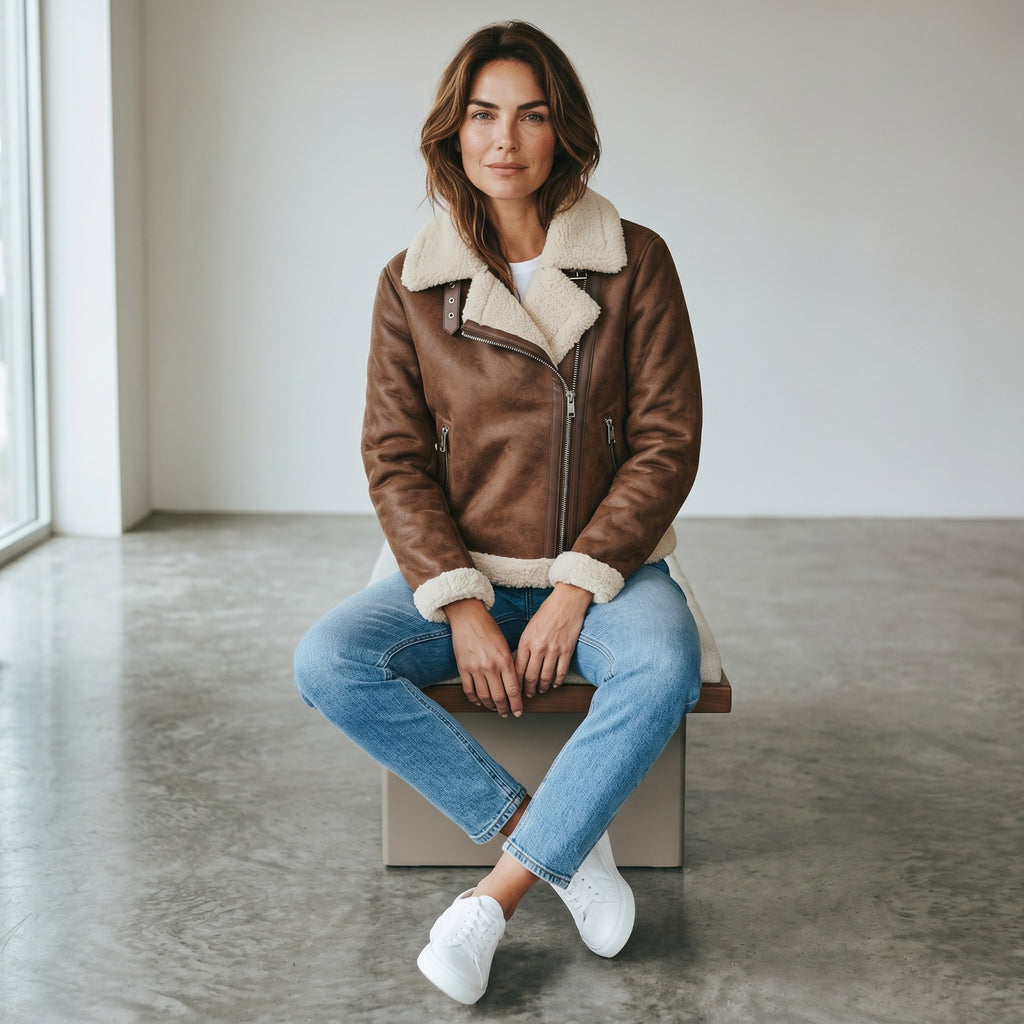 Veloce Apparel Women's Brown Faux Shearling Aviator Jacket