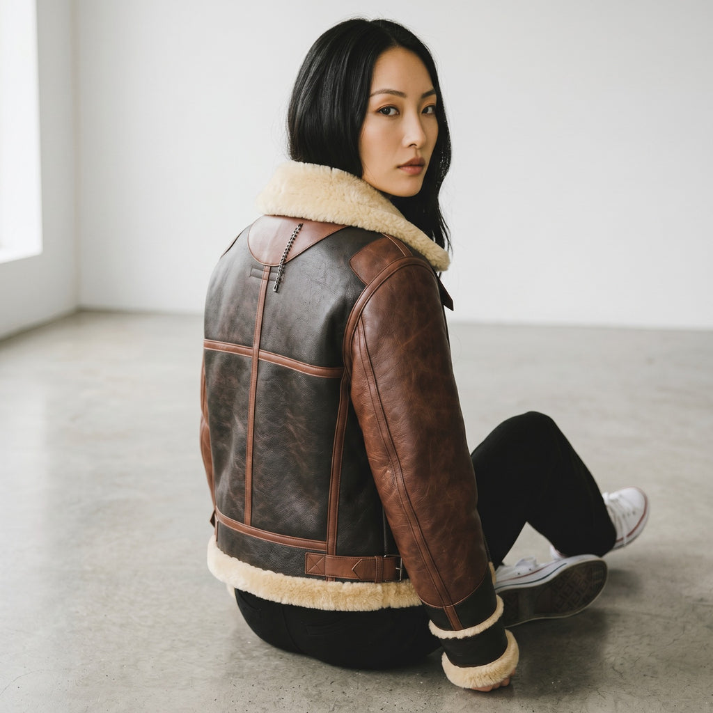 Veloce Apparel Women's Brown and Black Faux Leather Shearling Jacket