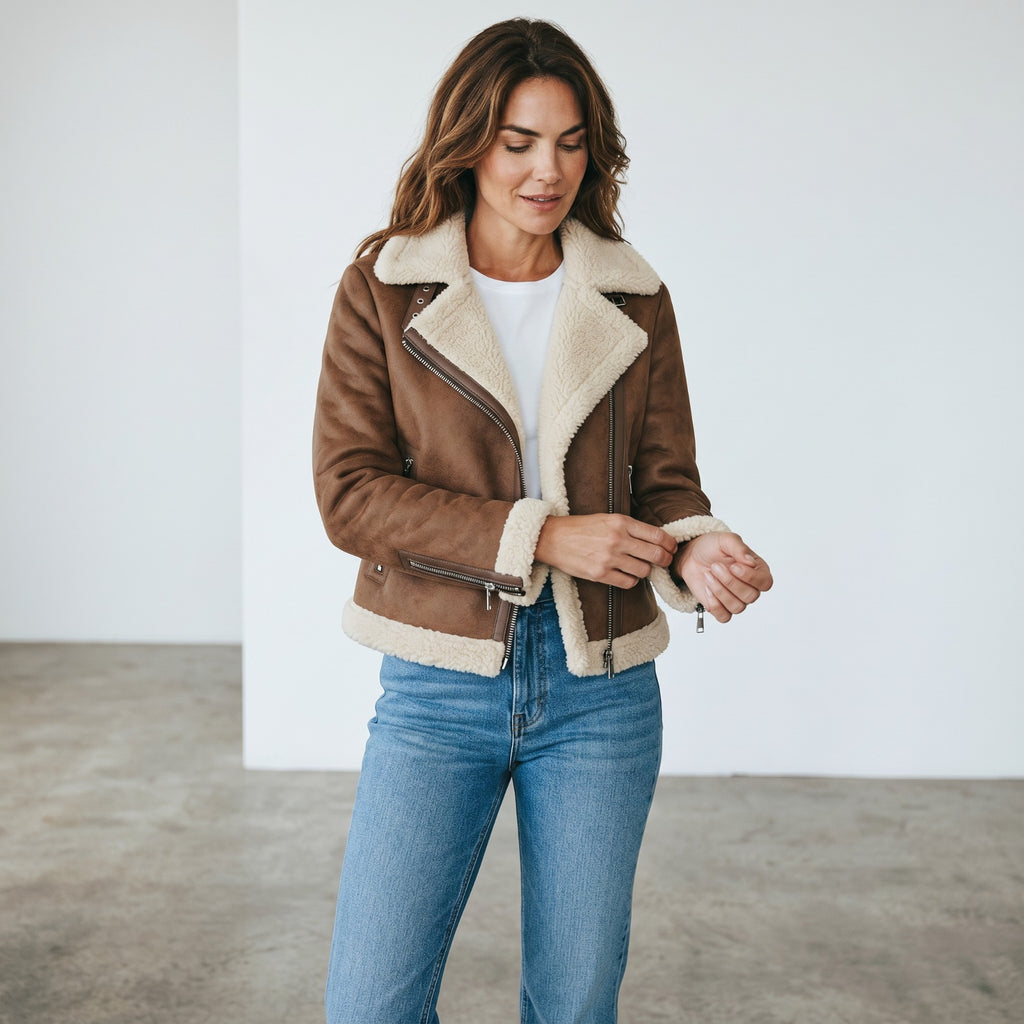 Veloce Apparel Women's Brown Faux Shearling Aviator Jacket